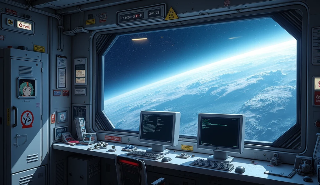 create an inner of a spaceship; there are some controls, and a computer screen that it runs a Linux terminal; there is a large window that you can see the deep-space outside; there is a locker that has a label saying "Mii", anime art