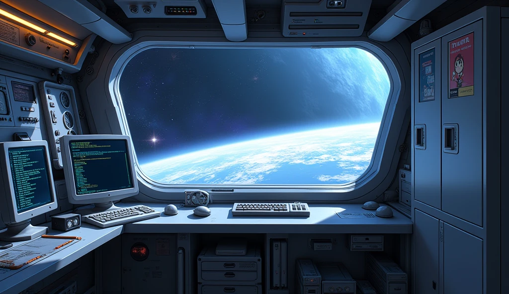 create an inner of a spaceship; there are some controls, and a computer screen that it runs a Linux terminal; there is a large window that you can see the deep-space outside; there is a locker that has a label saying "Mii", anime art