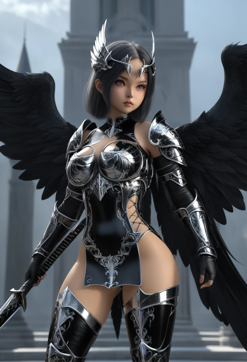 1fullbodyimage of woman in a black and silver outfit with wings wielding a katana, beautiful dark angel girl, warrior angel, villainess has black angel wings, angel knight gothic girl, angel in glossy metallic black and silver armor, crown in armour, stuning fantasy 3 d render, angel knight girl, cinematic volumetric lighting, ultra realistic, shot with Sony Fx6