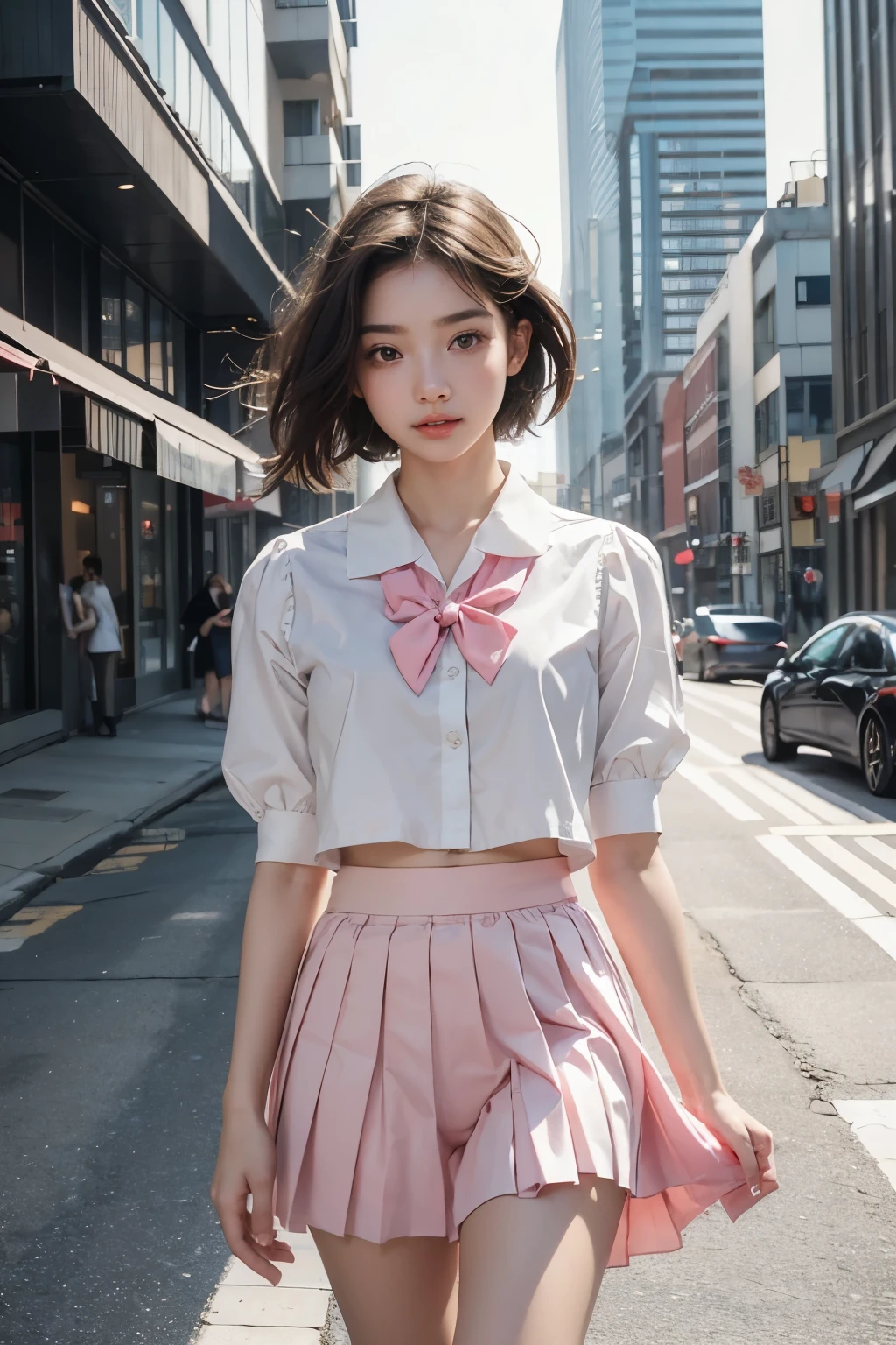 Ultra-high resolution,(reality: 1.4),Highest quality, masterpiece, Attention to detail, 16K quality, beautiful, 1 beautiful girl,super beautiful face,Baby Face,idol face,Cute Face,Highly detailed face,Detailed hands,beautiful skin,Rui々Fresh skin,Professional Lighting,short hair, Black Hair,brown beautiful eyes,Sailor suit,Red bow tie,Pink pleated skirt,Are standing,A gust of wind flipped my skirt up and I had to hold it down with my hands,(((Showing panties))),((White panties)),beautiful胸,Walking in the city,Browsing Caution,From below,Blur the background