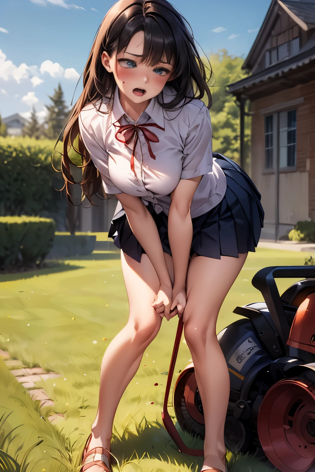 (Round Face), Eye size realistic, Drooping eyes, blush, Sweat, shame, Pleated Skirt, Ribbon, (Ecstasy face, Girl, obsessed with playing with their genitals), (Standing, straddling，using her crotch to slam against the vibrating lawnmower, with full concentration), Weaving,