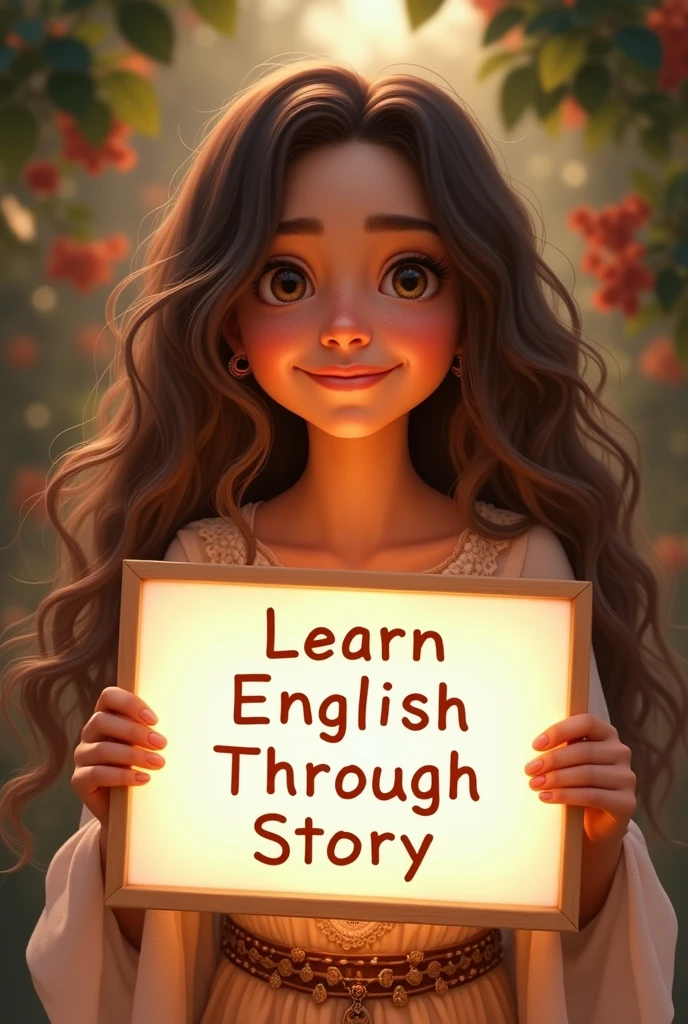 Beautiful girl with heart-warming smile and wavy long hair, bohemian dress, holding a white board with text "learn English Through Story" and showing it to the viewer, the board is glowing with a the text.Give me every time different girl.