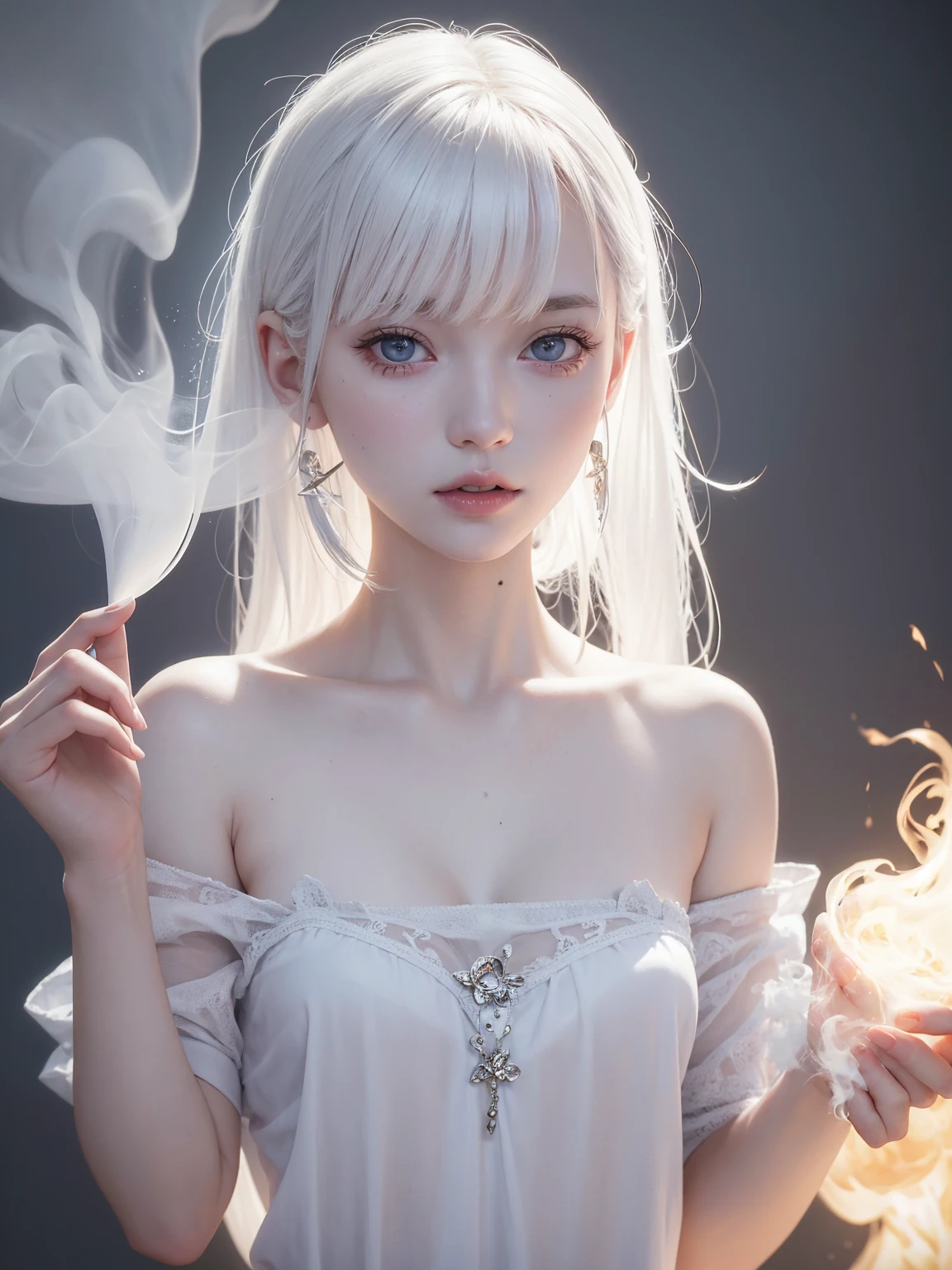 1girl, clearly White colored Skin Pale Skin, White Hair, Holding White Magic Smoke