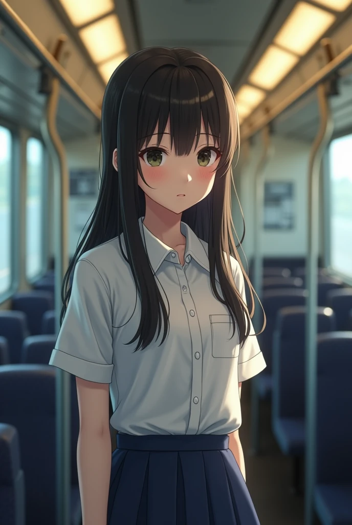 ((Highest quality, 8k, RAW Photos, masterpiece :1.3)), (Realistic、Realistic:1.37)、Very detailed、Ultra-high resolution, (Professional Lighting), ((From above:1.2)),((Full body photo)),Small breasts、Perfect Face、Beautiful expression、Beautiful Face、Beautiful Eyes、18 year old high school girl、Real beautiful girl、Beautiful black hair、(No bra、Schoolgirl uniform、Button-down shirt:1.2、Off the shoulder、Mini Pleated Skirt)、(Inside a crowded train with sunlight streaming in、Beautiful girl standing in front of the train door、A chubby middle-aged Japanese man hugs a high school girl from behind on a train)、((((middle-aged man standing behind a woman、A man touches a woman's breasts:1.3、The man touches the woman's genitals with his finger.:1.2、Button-down shirt:1.2))))、caress、Expressions of fear、Blushing、The man has a vulgar look、Man hugging