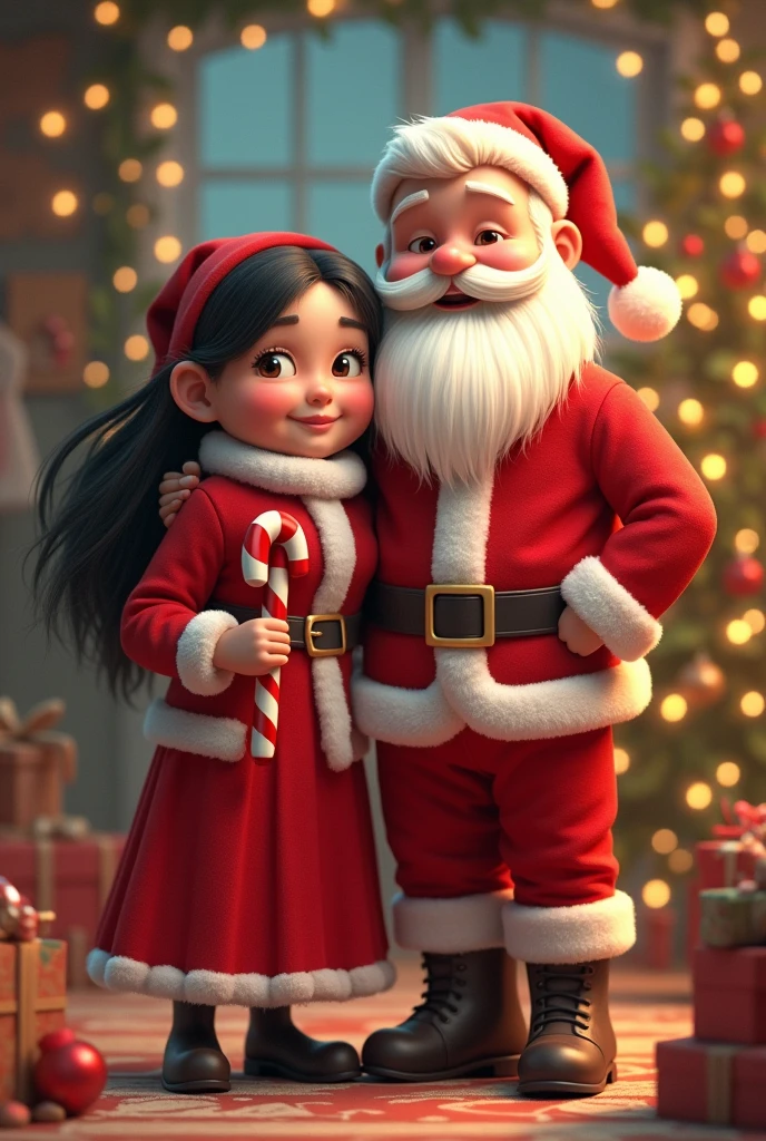 Santa Claus with his chubby wife black hair,candy cane,