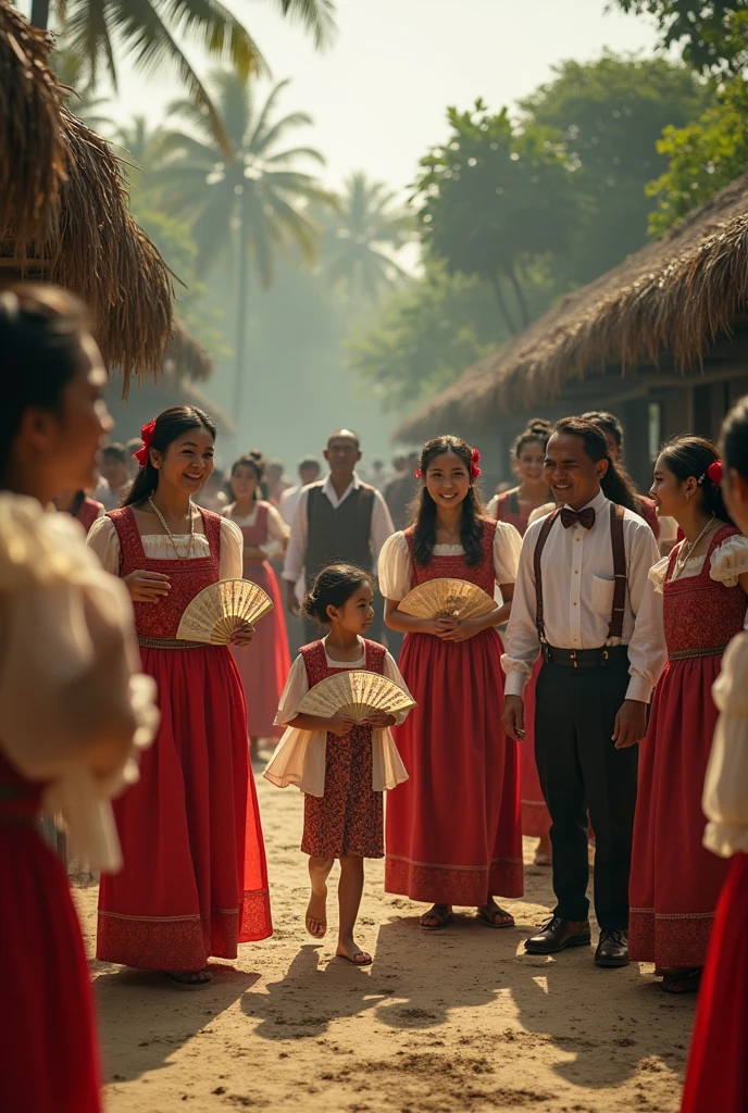 A photo of life in philippines in 1800, christmas night, people are wearing traditional suit, baro't saya for women and barong tagalog for men, the kids are happy playing, there are women looks shy behind their fan, and the fresh men looking at them, there are some adults happy talking, some are serious and has a good posture that looks like from a rich family