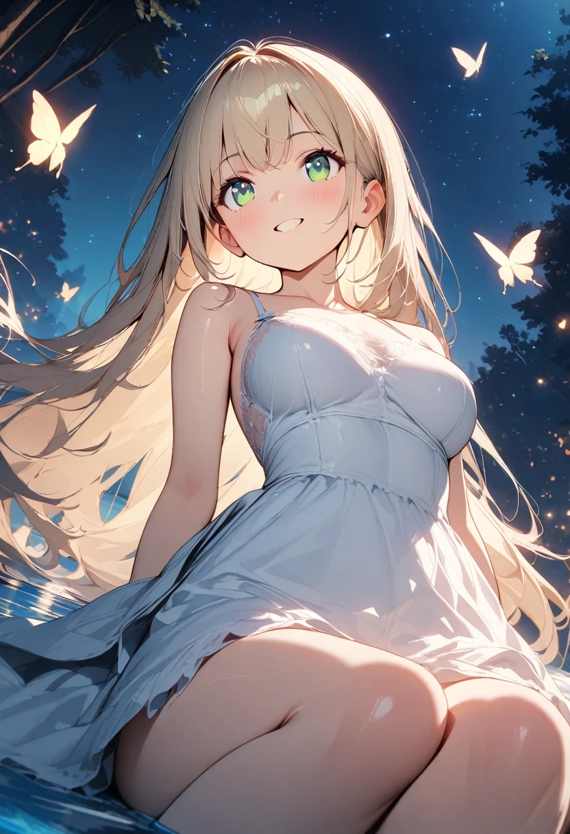 (best quality: 1.2, very detailed, high detail, ultra-high resolution, masterpiece: 1.2, 8k, top quality, best aesthetic, perfect lighting: 1.2, best shadow, high contrast, high color saturation), anatomically correct, perfect hands, anime style, 
((a beautiful girl looking up at the sky: 1.3, 1 girl)), (18 years old), (finely detailed beautiful face: 1.0), 
full body, perfect figure, long limbs, small head, silky skin, straight long hair, platinum blonde shiny hair, bangs, white lace camisole, medium breasts, smile, green eyes, (finely detailed beautiful eyes: 1.2), 
In the forest at night, lake, shining starry sky, starlight, moon, moonlight, butterflies are flying in the air, flowers, 
from below, 
deep depth of field, 
