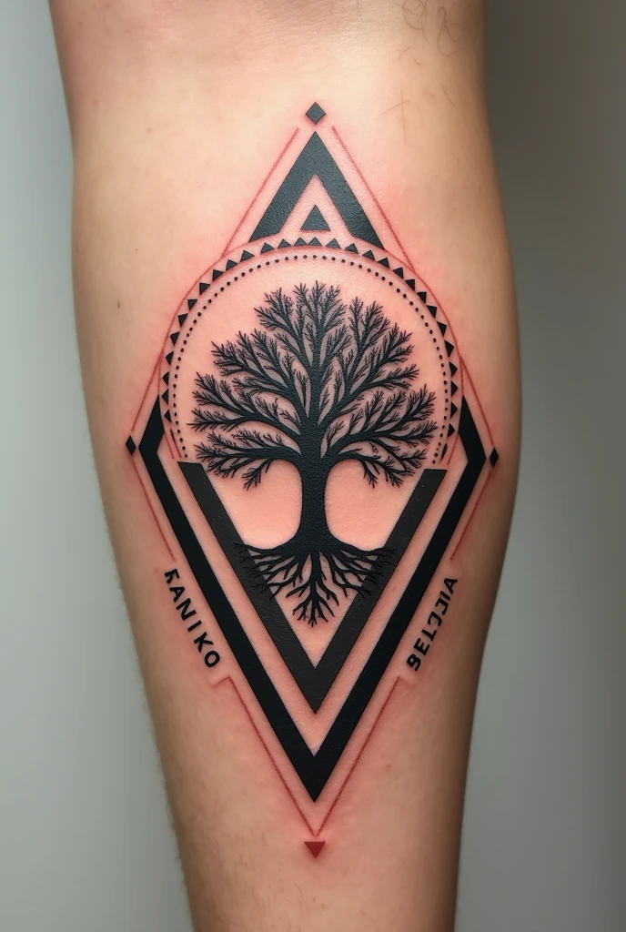 Create a tattoo with triangles and some circles other geometric shapes with a tree in the middle representing personal growth with the symbol of wealth in bold