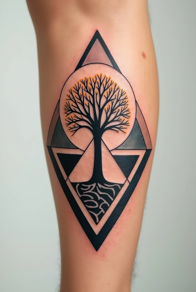 Create a tattoo with triangles and some circles other geometric shapes with a tree in the middle representing personal growth with the symbol of wealth in bold