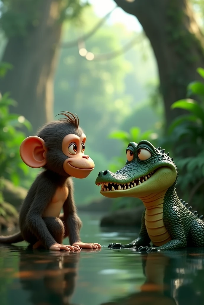 In cinematic style 3d cartoon "The monkey looks calm and clever, while the crocodile has a scheming expression. In the background, a dense jungle and a tall tree are visible.