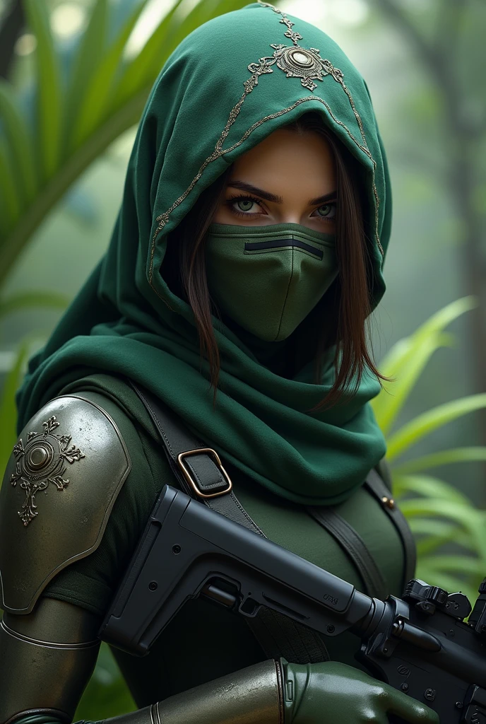  bgmi season 4 face with bgmi forest elf set and m416 in her hands with mask for her mouth