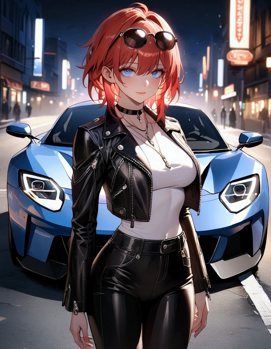 (Masterpiece. The best quality. 8K. Sharp focus. Depth of field, The best shadows. Perfect lighting. HDR. Realistic skin texture. Ultra-detailed background. Detailing). Anime style. Honkai: Star Rail. March 7. 1 girl. Fiery red hair, short hair. Azure blue eyes, beautiful eyes, beautiful eyes, expressive eyes. Beautiful nose, perfect facial features. Perfect anatomical body, slender figure, second size breasts, beautiful breasts, thin waist, rounded hips, beautiful long legs. Sunglasses on her head, top leather jacket, leather pants, heavy leather boots. Feet shoulder-width apart. Standing in the middle of the street. Standing leaning on a Ford GT. Night, city, neon signs, empty highway, Standing at full height. Concept art. Looking at the viewer. At full height. Full body.