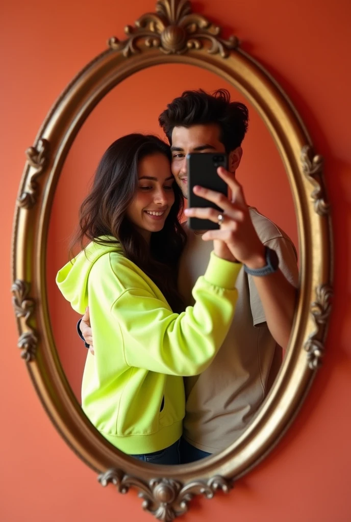 Meagenta wall , oval golden mirror two people taking a mirror selfie the girl is kissing the guy on the cheek and hugging him , he's the one taking the picture. The girl is wearing a neon hoodie with open hair and the guy is wearing a silver ring in his hand and beige grey t shirt.