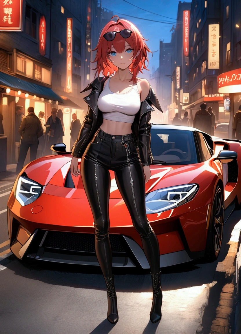(Masterpiece. The best quality. 8K. Sharp focus. Depth of field, The best shadows. Perfect lighting. HDR. Realistic skin texture. Ultra-detailed background. Detailing). Anime style. Honkai: Star Rail. March 7. 1 girl. Fiery red hair, short hair. Azure blue eyes, beautiful eyes, beautiful eyes, expressive eyes. Beautiful nose, perfect facial features. Perfect anatomical body, slender figure, second size breasts, beautiful breasts, thin waist, rounded hips, beautiful long legs. Sunglasses on her head, top leather jacket, leather pants, heavy leather boots. Feet shoulder-width apart. Standing in the middle of the street. Standing leaning on a Ford GT. Night, city, neon signs, empty highway, Standing at full height. Concept art. Looking at the viewer. At full height. Full body.