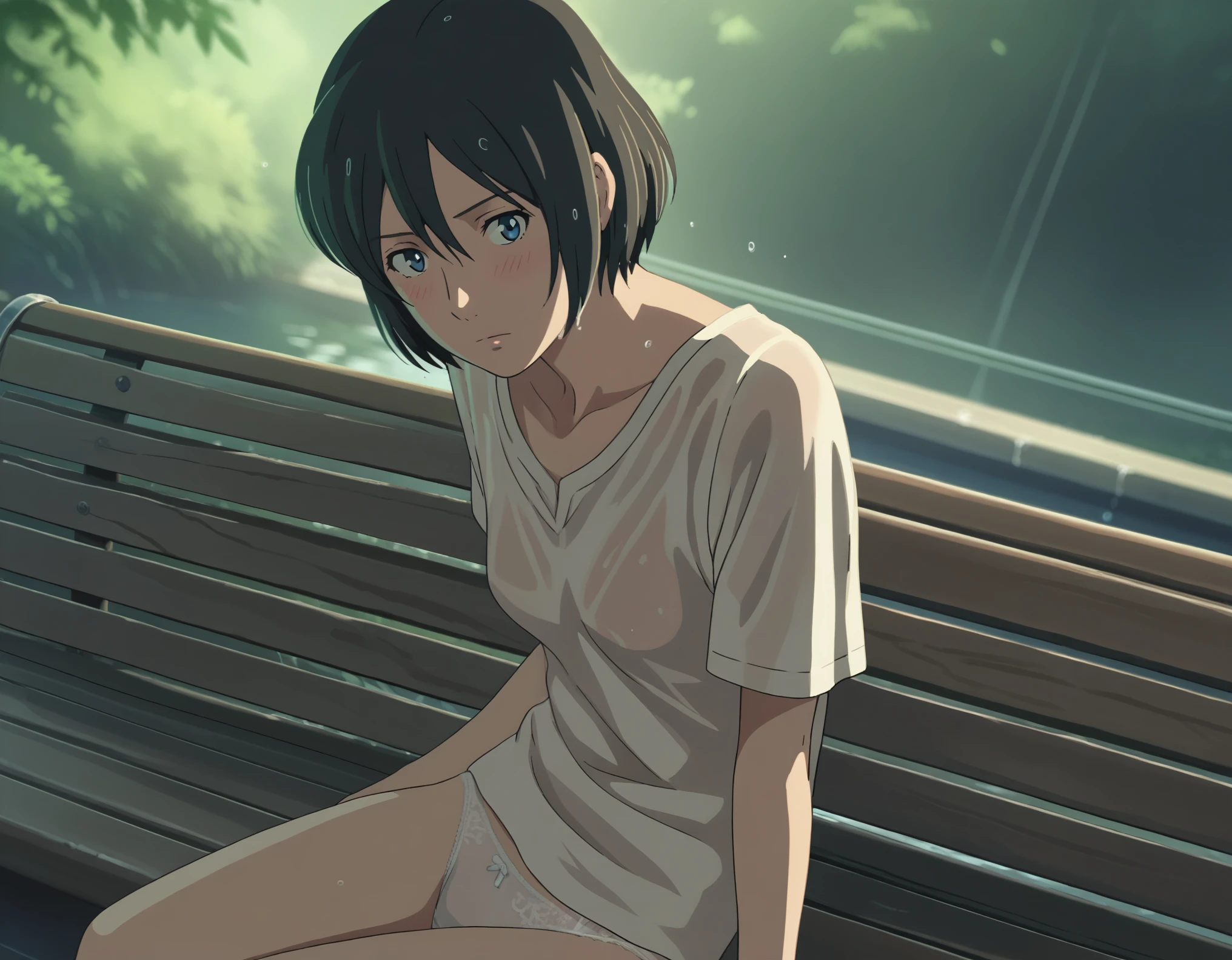 score_9, score_8_up, score_7_up, source_アニメ,
Yukari Yukino, Yukari Yukino, short hair, black hair, detailed blue eyes, hair between eyes,
show off breast, undress white shirt, wet body, , white lace panties,
outdoor, Natural Park bench, realistic Shinjuku Gyoen, on side, blush, 
cowboy shot, looking at viewer, 独奏, dutch angle,