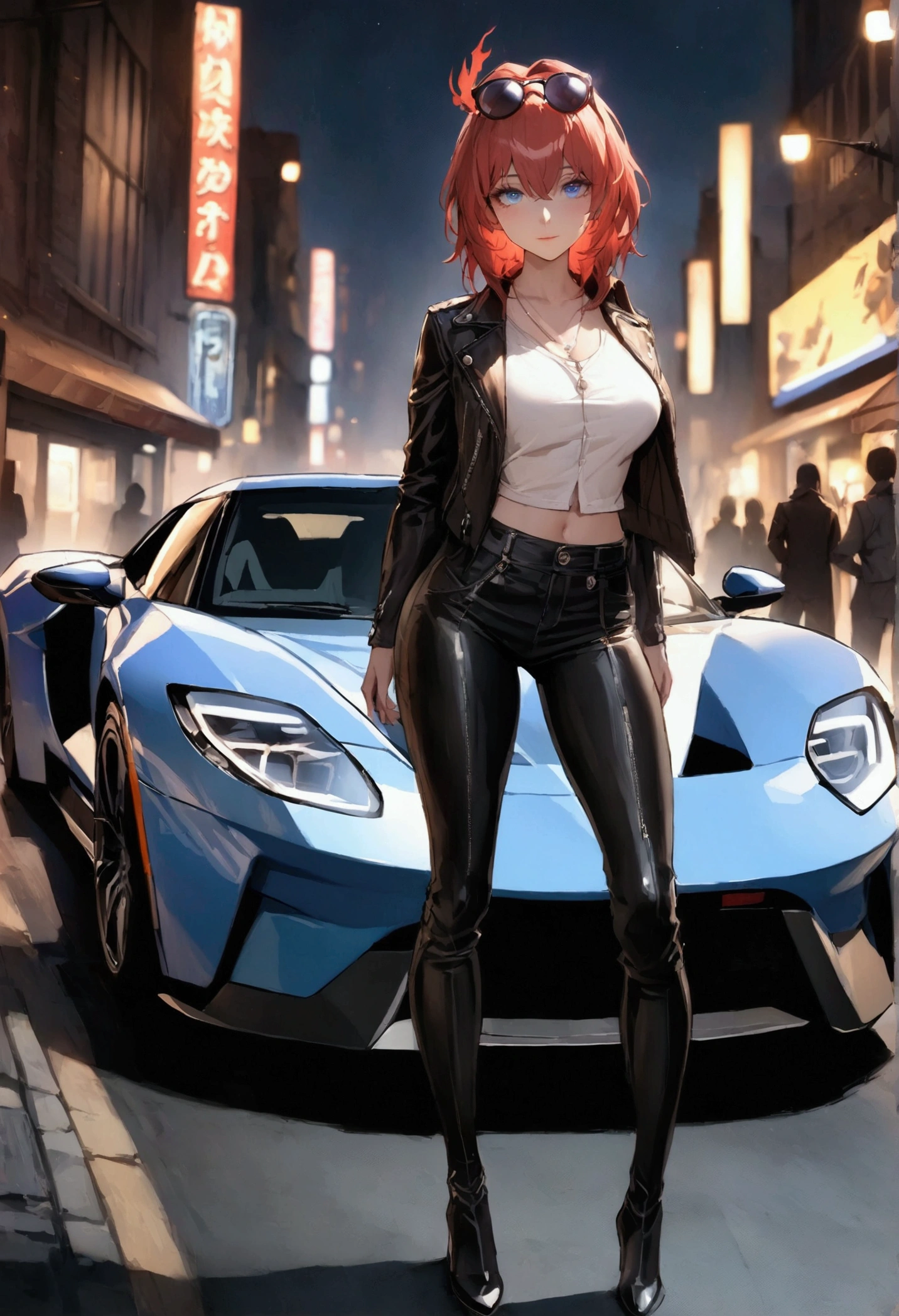 (Masterpiece. The best quality. 8K. Sharp focus. Depth of field, The best shadows. Perfect lighting. HDR. Realistic skin texture. Ultra-detailed background. Detailing). Anime style. Honkai: Star Rail. March 7. 1 girl. Fiery red hair, short hair. Azure blue eyes, beautiful eyes, beautiful eyes, expressive eyes. Beautiful nose, perfect facial features. Perfect anatomical body, slender figure, second size breasts, beautiful breasts, thin waist, rounded hips, beautiful long legs. Sunglasses on her head, top leather jacket, leather pants, heavy leather boots. Feet shoulder-width apart. Standing in the middle of the street. Standing leaning on a Ford GT. Night, city, neon signs, empty highway, Standing at full height. Concept art. Looking at the viewer. At full height. Full body.