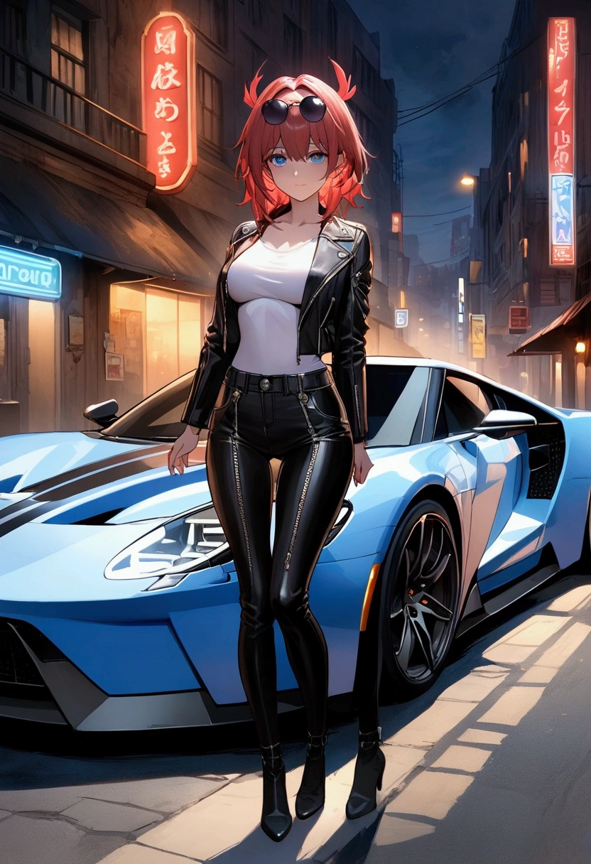 (Masterpiece. The best quality. 8K. Sharp focus. Depth of field, The best shadows. Perfect lighting. HDR. Realistic skin texture. Ultra-detailed background. Detailing). Anime style. Honkai: Star Rail. March 7. 1 girl. Fiery red hair, short hair. Azure blue eyes, beautiful eyes, beautiful eyes, expressive eyes. Beautiful nose, perfect facial features. Perfect anatomical body, slender figure, second size breasts, beautiful breasts, thin waist, rounded hips, beautiful long legs. Sunglasses on her head, top leather jacket, leather pants, heavy leather boots. Feet shoulder-width apart. Standing in the middle of the street. Standing leaning on a Ford GT. Night, city, neon signs, empty highway, Standing at full height. Concept art. Looking at the viewer. At full height. Full body.