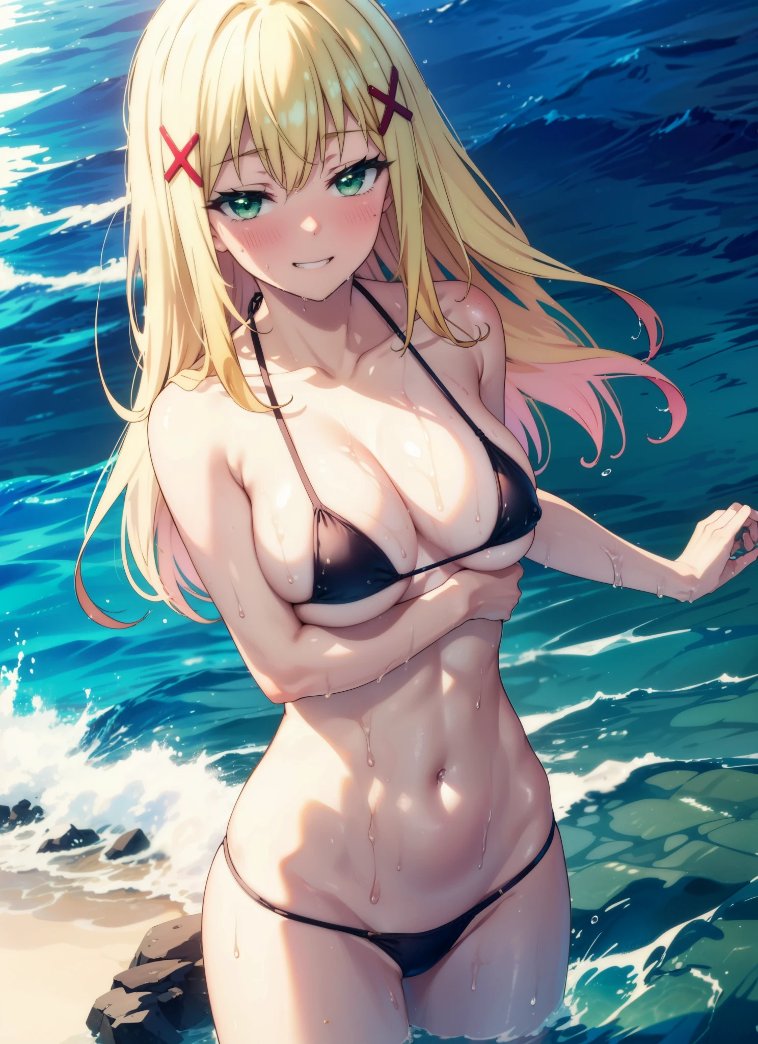 Lalatina Dusty Nesford, Lalatina Dustines Ford, Long Hair, (Green Eyes:1.3), Blonde, hair ornaments,  x hair ornaments,Micro Bikini,barefoot,Big Breasts,She's hiding her chest with both arms,smile,blush,Embarrassing,Grin,Wet swimsuit,Wet Skin,Wet Hair,whole bodyがイラストに入るように,
break outdoor, Ocean,
break looking at viewer,whole body, (Cowboy Shot:1.5),
break (masterpiece:1.2), Highest quality, High resolution, unity 8k wallpaper, (figure:0.8), (Beautiful attention to detail:1.6), Highly detailed face, Perfect lighting, Highly detailed CG, (Perfect hands, Perfect Anatomy),