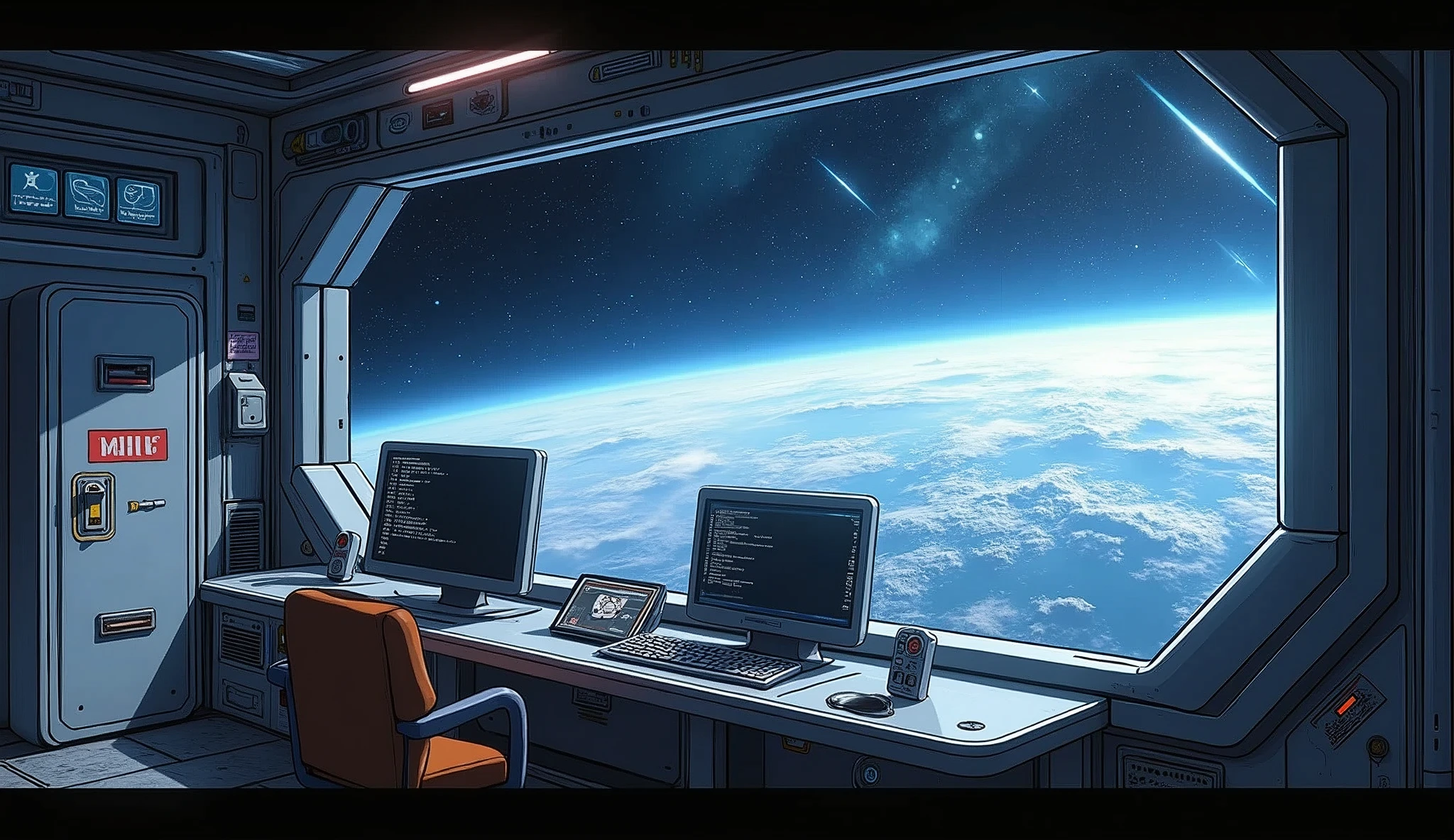create an inner of a spaceship; there are some controls, and a computer screen that it runs a Linux terminal; there is a large window that you can see the deep-space outside; there is a locker that has a label saying "Mii", anime art