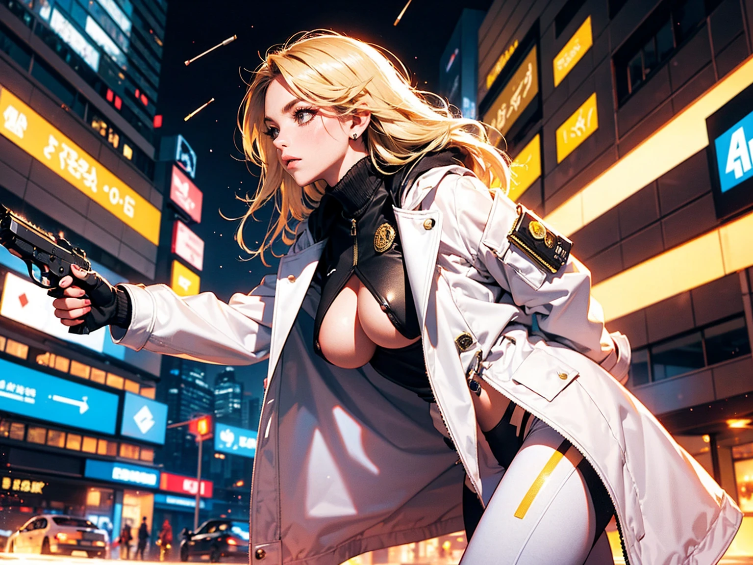 (((firing, bullet, gun, light particles))), 1girl, sydney sweeney, eyes covered, , profile shot, ((tilting head backwards)), facing viewer, from side, masterpiece, highest quality, (solo focus), (perfect face:1.1), (high detail:1.1), 1girl, ((blonde hair)), golden hair rings, neon halosmug, ((futuristic clothes)), white catsuit, (long gold coat), coat off shoulders, detailed background, neon cityscape, cyberpunk, cinematic lighting, pointing gun, detailed makeup, underboob, white and gold jewelry