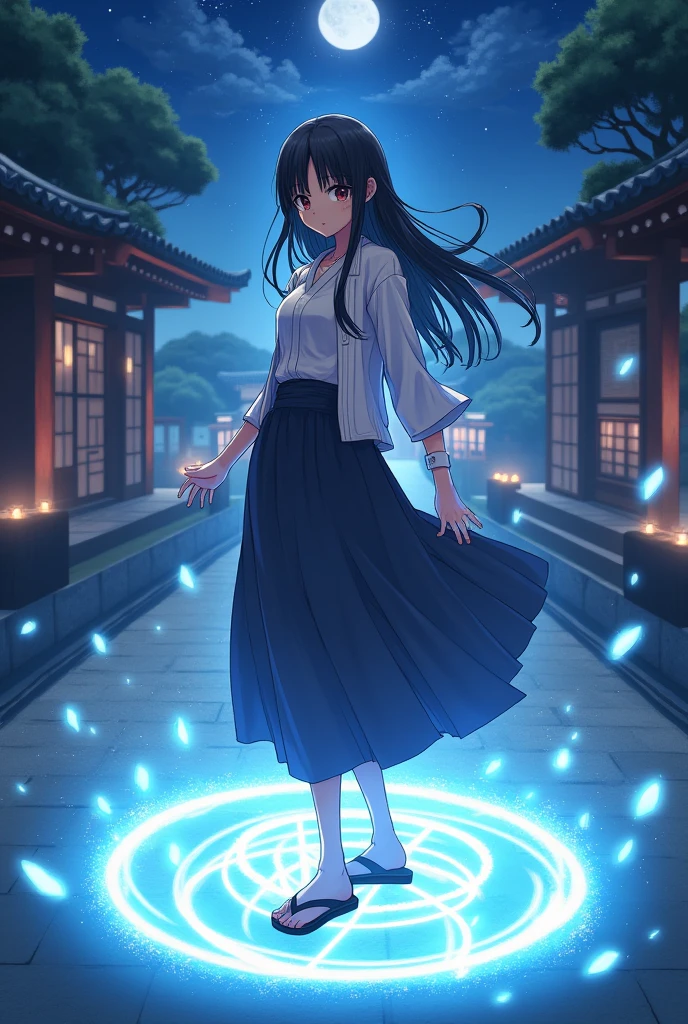1girl, japanese clothes, straight black hair, no bangs, chocolate brown eyes, magic circle, blue bubbles, blue water, wallpaper, shrine landscape, night, light particles, light rays, sidelighting, medium size, fate \(series\), genshin impact, ****, open jacket, long skirt, japanese sandal, short socks, battle