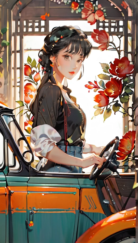 (((paper cutting style))), 1 girl, short black long hair, straight hair, shirts and denim, classic vintage car