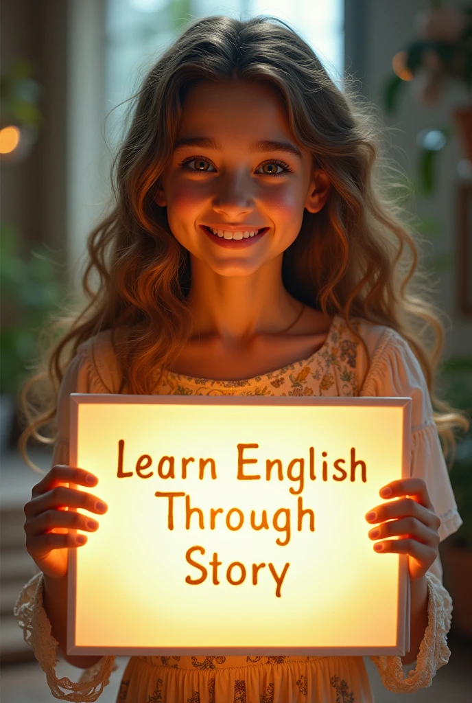 Beautiful girl with heart-warming smile and wavy long hair, bohemian dress, holding a white board with text "learn English Through Story" and showing it to the viewer, the board is glowing with a the text.Give me every time different sweet girl.