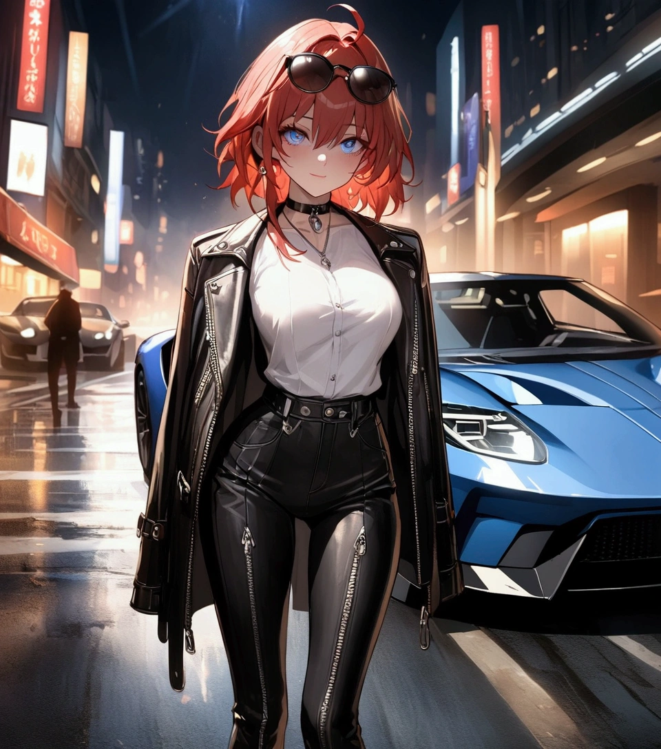 (Masterpiece. The best quality. 8K. Sharp focus. Depth of field, The best shadows. Perfect lighting. HDR. Realistic skin texture. Ultra-detailed background. Detailing). Anime style. Honkai: Star Rail. March 7. 1 girl. Fiery red hair, short hair. Azure blue eyes, beautiful eyes, beautiful eyes, expressive eyes. Beautiful nose, perfect facial features. Perfect anatomical body, slender figure, second size breasts, beautiful breasts, thin waist, rounded hips, beautiful long legs. Sunglasses on her head, top leather jacket, leather pants, heavy leather boots. Feet shoulder-width apart. Standing in the middle of the street. Standing leaning on a Ford GT. Night, city, neon signs, empty highway, Standing at full height. Concept art. Looking at the viewer. At full height. Full body.