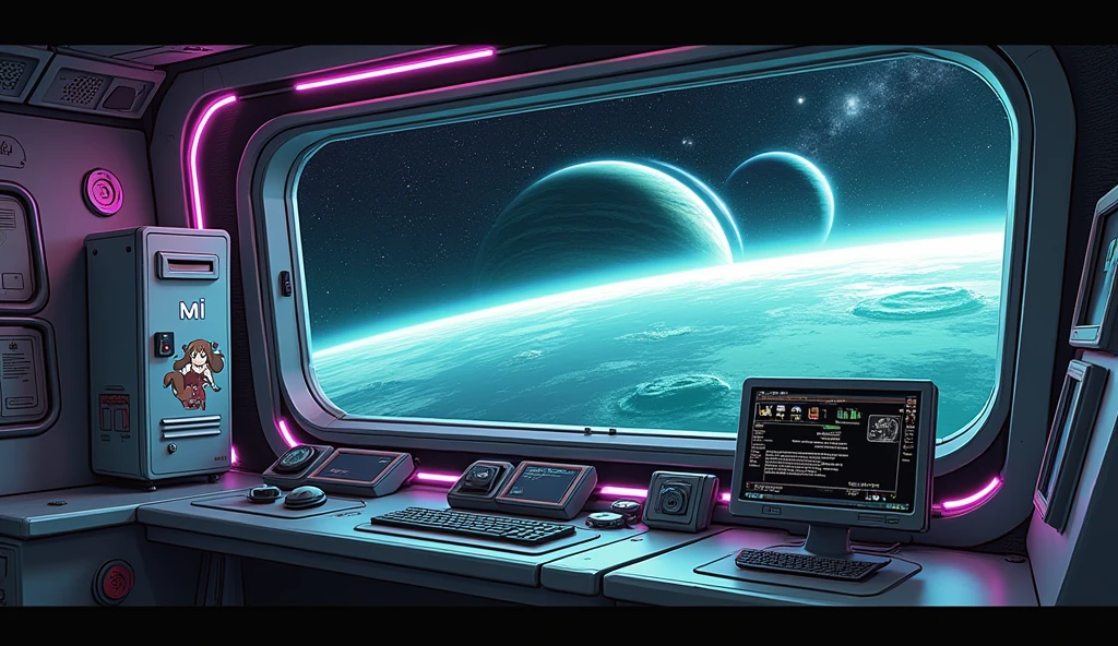 create an inner of a spaceship; there are some controls, and a computer screen that it runs a Linux terminal; there is a large window that you can see the deep-space outside that is purple and green aura, with 2 planets with rings; there is a locker that has a label saying "Mii", anime art