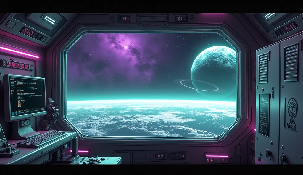 create an inner of a spaceship; there are some controls, and a computer screen that it runs a Linux terminal; there is a large window that you can see the deep-space outside that is purple and green aura, with 2 planets with rings; there is a locker that has a label saying "Mii", anime art