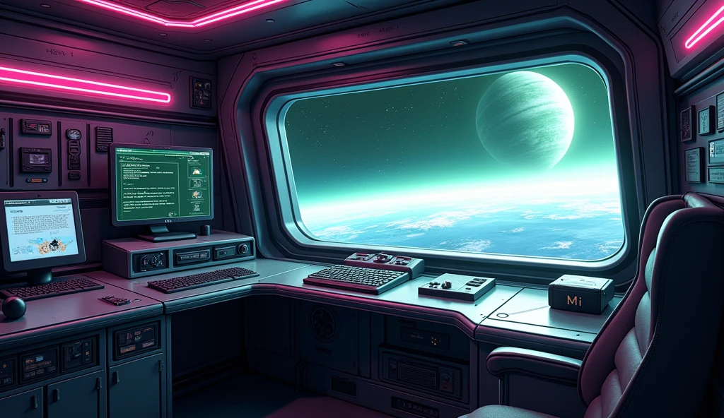 create an inner of a spaceship; there are some controls, and a computer screen that it runs a Linux terminal; there is a large window that you can see the deep-space outside that is purple and green aura, with 2 planets with rings; there is a locker that has a label saying "Mii", anime art