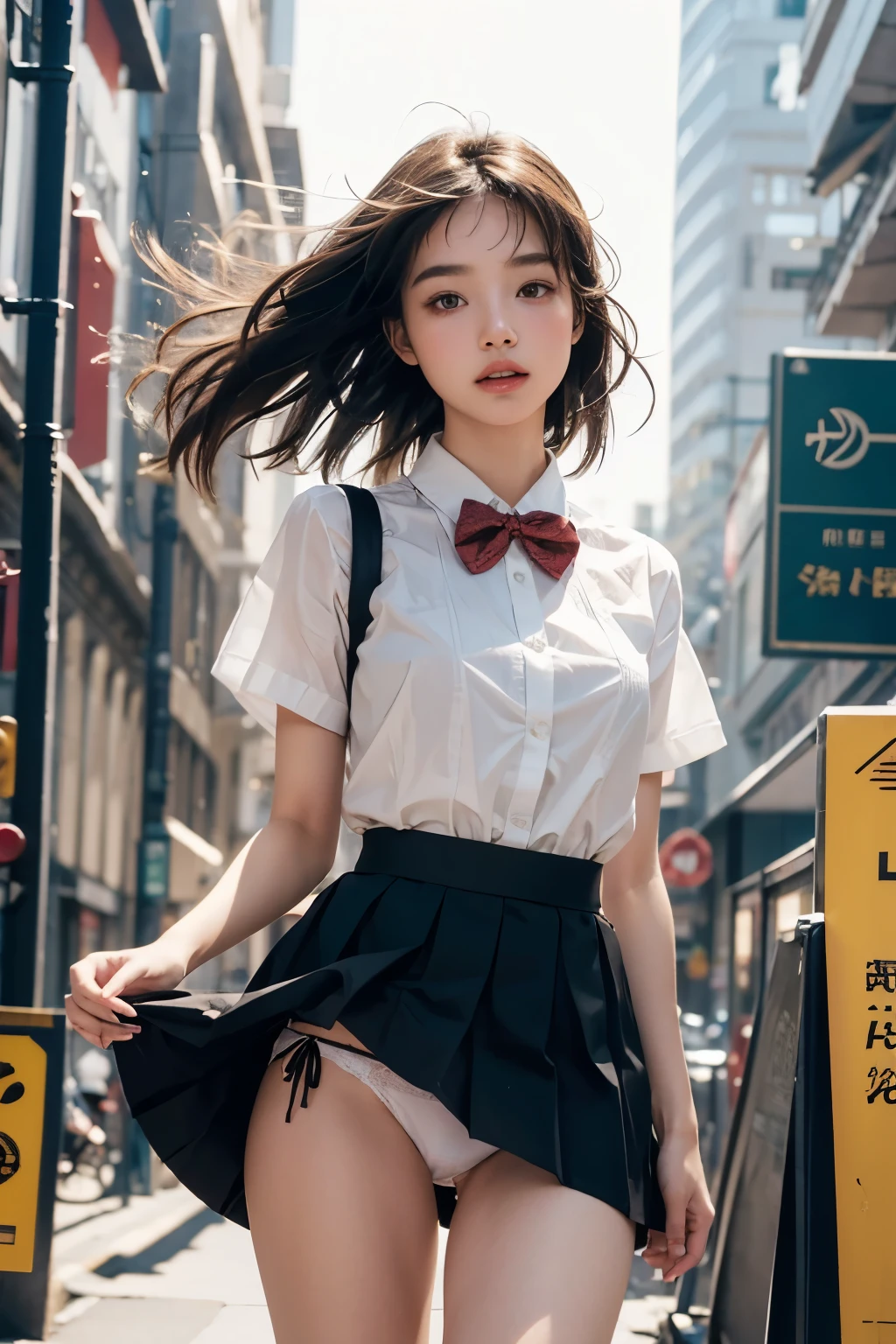 Ultra-high resolution,(reality: 1.4),Highest quality, masterpiece, Attention to detail, 16K quality, beautiful, 1 beautiful girl,super beautiful face,Baby Face,idol face,Cute Face,Highly detailed face,Detailed hands,beautiful skin,Rui々Fresh skin,Professional Lighting,short hair, Black Hair,brown beautiful eyes,Sailor suit,Red bow tie,Check Ultra Mini Skirt,Are standing,A gust of wind flipped my skirt up and I had to hold it down with my hands,(((Showing panties))),((White panties)),beautiful胸,Walking in the city,Browsing Caution,From below,Blur the background