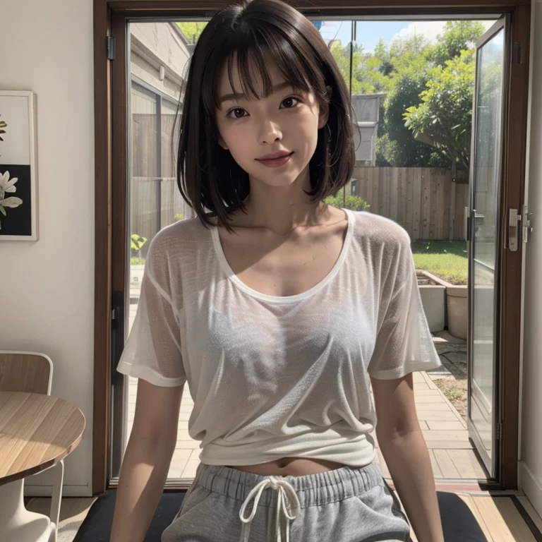 Masterpiece、8k、Very realistic、Japanese、One person、woman、Skinny athletic model body、Flat Chest、tall、Description：whole body、50 years old、(Hairstyle：Bangs(1.6))、At home, in the room、The best smile、clothing：whiteＴWearing a shirt(1.6)、See-through underwear、Wearing grey shorts、Sweaty、Wet、No makeup、