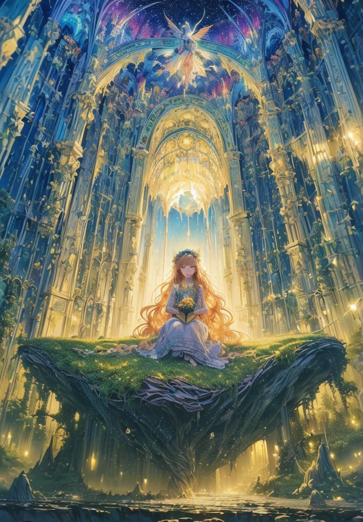 (high quality:1.4), (best quality:1.4), (masterpiece:1.4), official art, official wallpaper, surreal, beautifulgoddess, (1woman:1.1), (long wavy hair:1.1), (flower crown:1.1), (mystical creatures:1.1), (floating islands:1.1), (detailed landscape:1.1), (magic in the air:1.1), (stardust:1.1), night sky, (whimsical atmosphere:1.1), (dreamlike world:1.1), (bubbles:1.1), flying books, (luna moths:1.1), (moonlight:1.1), enchanted forest, (wisdom:1.1), (powerful energy:1.1), (guardian angels:1.1), (peaceful:1.1), vibrant colors, (detailed:1.05), (extremely detailed:1.06), sharp focus, (intricate:1.03), cinematic lighting, (extremely intricate:1.04), (epic scenery:1.09), vibrant colors, (beautiful scenery:1.08), (detailed scenery:1.08), (intricate scenery:1.07), (wonderful scenery:1.05),, (sharp focus,absurdres,high quality,masterpiece,highres,best quality:1.5)