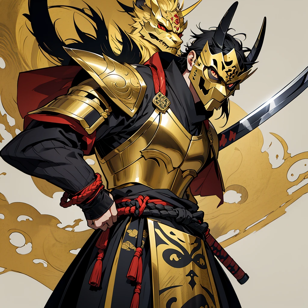 A samurai with long katana wearing a deamon oni mask and black and gold colour armor,standing a alone edge of tall hillside,falttering abndana on head