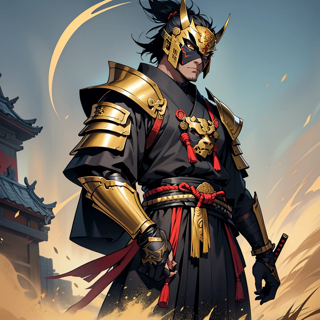 A samurai with long katana wearing a deamon oni mask and black and gold colour armor,standing a alone edge of tall hillside,falttering abndana on head