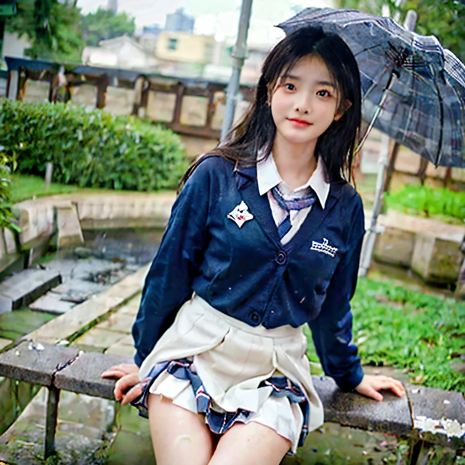 the Extremely Detailed CG Unity 8K Wallpapers、top-quality、ultra-detailliert、masterpiece、realisitic、Photo Real、extremely detailed cute girl、18year old、sophisticated gravure idol、Young Gravure Idol、 Young Sensual Gravure Idol、High school student in Japan uniform、(skirt rift)、(Lifted by yourself)、low angles、red blush、ruddy lips、looking at the viewers、Semi-body shot、(Large crowds)、(atlibrary)、(Japan high school uniform and designated shoes)、(Dark blue blazer:1.2)、(plaid skirts:1.5)、(White shirt for students)、 (Long tie:1.2)、(light brown random hair)、(White panty)、(cammel toe)、(Black loafers:1.5)、(beauitful face:1.3)、(perfectly proportions:1.2)、(Long feet:1.2)、(small tits:1.3)、(Panties can be seen from under the skirt)、(Textured skin)、(Japan high school uniform wet in the rain)、face that seems to cry、((wetting hair、wetted skin))、appearance々Angle、(Wet white panties)、sexy facial expression、Dark blue cardigan、