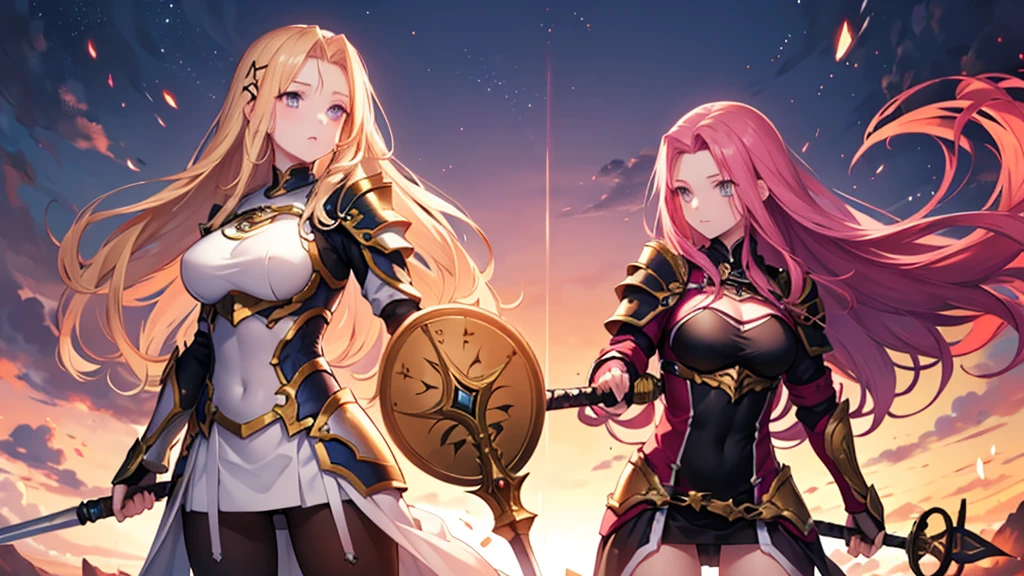 tow female paladin (x2 girls in same picture ) one blonde paladin with lovely golden eyes wearing a golden plate armor holding a golden mace and golden shield . second girl is redhead paladin wearing a black/red plate armor with a great black sword .