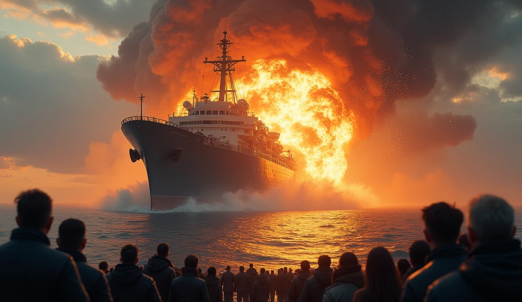 draw a picture of a big ship that is on exploding with some many people that watching. Add large flames. Describe an explosion that is so powerful