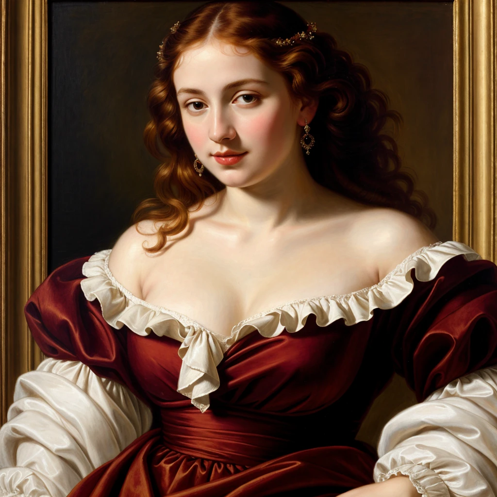 In the style of Peter Paul Rubens, this oil painting presents a Rubenesque woman, her figure wrapped in sumptuous burgundy and gold fabrics that highlight her creamy, soft skin. Her auburn hair falls in relaxed curls, surrounding her serene, radiant face, touched by a hint of blush. The background is filled with deep, dramatic colors and intricate details, which serve to elevate her luminous presence and the luxurious texture of the scene.