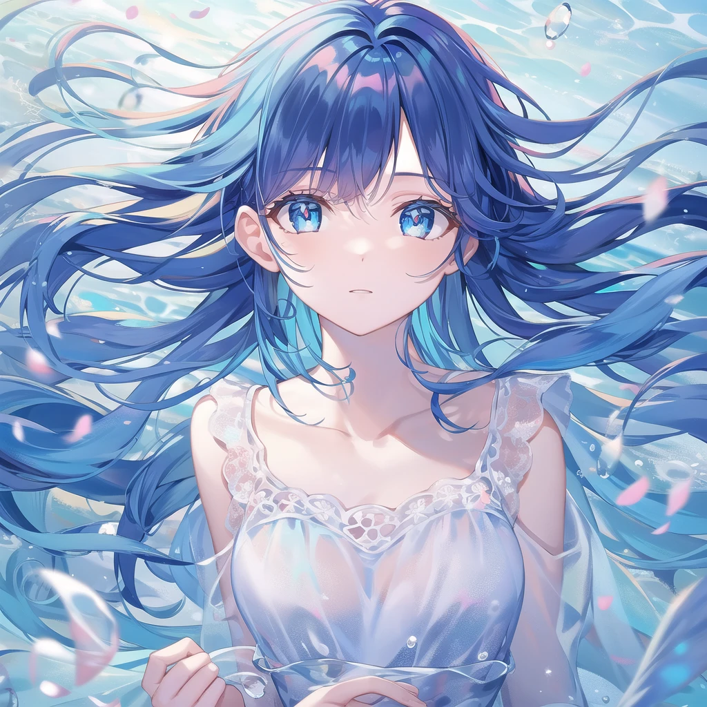 ((masterpiece, best quality))++, Detailed lighting+, Detailed hair+, Detail hand+ ,1 girl, Miss, Long hair, Crimson eyes, beautiful eyes, Young blue-haired,,(beautiful blue hair:1.5),(Beautiful and delicate eyes), high resolution+,glass tint, Reflective eyes, {{angle}} , Very detailed wallpaper, The original, Air bangs,Extremely beautiful CG,Firefly,Nature,ocean