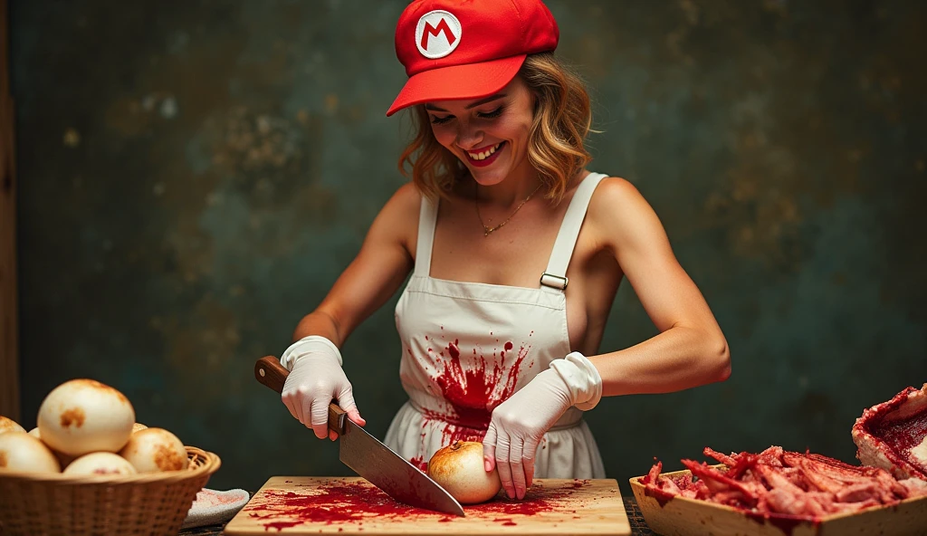 a poster for a movie. "vegan" is displayed at the top of the poster in a whimsical font  the tagline  "we all cheat a little" . Emma Watson is Princess peach,nude , wearing a Mario cap and blood splattered  white butchers apron. she is cutting  Mario mushrooms  with a cleaver, manic grin. 