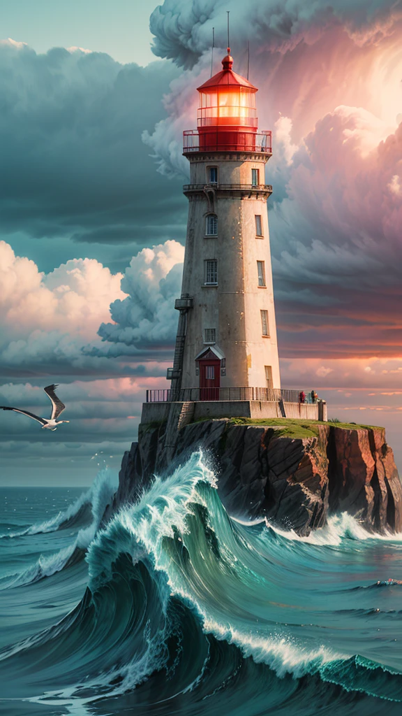 (detailed) Create an AI-generated image featuring a tall, majestic lighthouse perched on a rugged cliff overlooking the ocean. The lighthouse, with its bright red roof and glowing light at the top, stands out against a dramatic sky filled with billowing clouds. The waves crash against the rocks below, and seagulls can be seen flying around. The scene captures a sense of solitude and strength, with the lighthouse serving as a beacon of hope and guidance amidst the vast, turbulent sea.