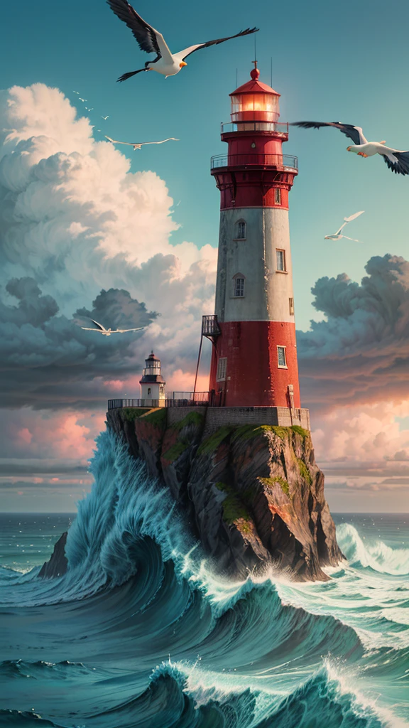 (detailed) Create an AI-generated image featuring a tall, majestic lighthouse perched on a rugged cliff overlooking the ocean. The lighthouse, with its bright red roof and glowing light at the top, stands out against a dramatic sky filled with billowing clouds. The waves crash against the rocks below, and seagulls can be seen flying around. The scene captures a sense of solitude and strength, with the lighthouse serving as a beacon of hope and guidance amidst the vast, turbulent sea.