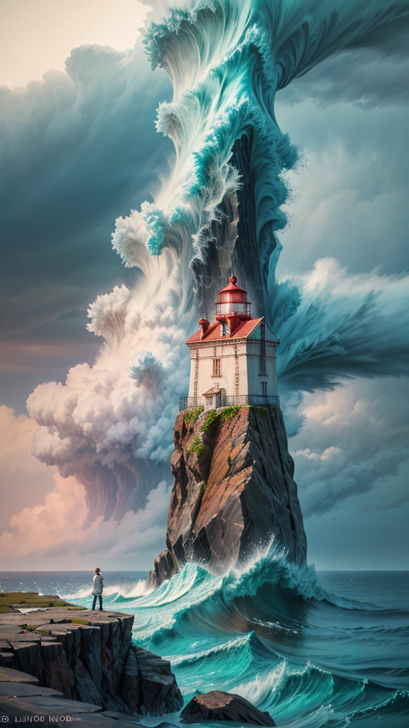 (detailed) Create an AI-generated image featuring a tall, majestic lighthouse perched on a rugged cliff overlooking the ocean. The lighthouse, with its bright red roof and glowing light at the top, stands out against a dramatic sky filled with billowing clouds. The waves crash against the rocks below, and seagulls can be seen flying around. The scene captures a sense of solitude and strength, with the lighthouse serving as a beacon of hope and guidance amidst the vast, turbulent sea.