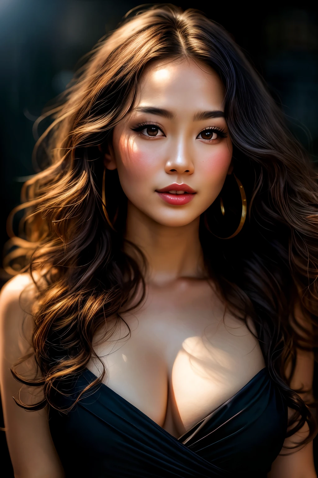 an ultra-realistic, high-resolution 8K photo of a beautiful 30-year-old woman, the woman is Vietnamese, ((long hair slightly curly)), and a charming figure, (elegant dress: 1.2), dramatic lighting, masterpiece, immersive atmosphere, chiaroscuro: (1.5, strong light: 1.2, brilliant light), (background blur: 1.5), blur, best quality, realistic, extremely detailed, HDR, physically based rendering, studio lighting, vivid colors, bokeh, (real skin texture: 1.3), high contrast, (Fuji color: 1.5), Film grain, open-neck black dress, detailed charming red eyes and face, dynamic lighting, in the dark, deep shadow, low key, cowboy shot, Facial lighting, super detailed face, very detailed lips, Detailed eyes, City street,