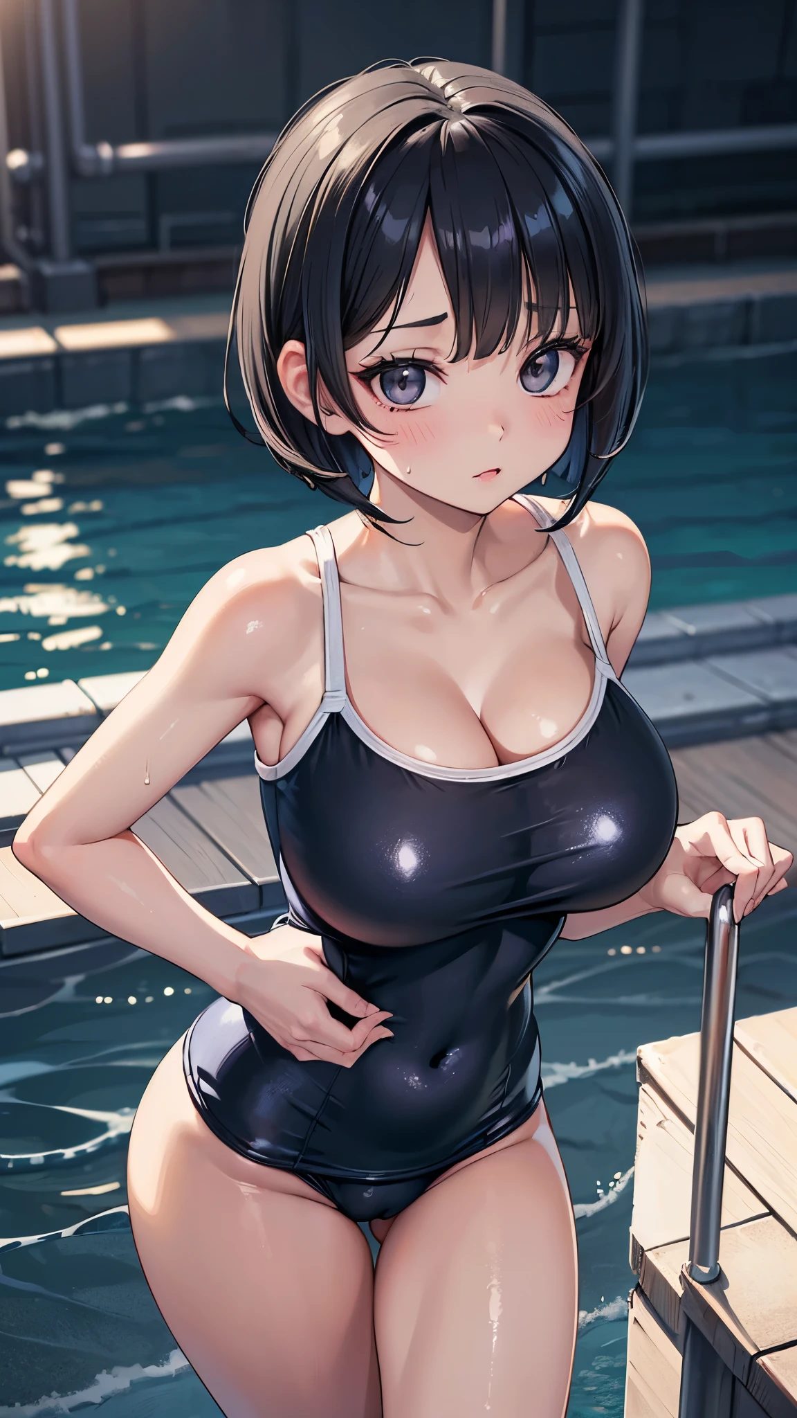(masterpiece, 最high quality, 超High resolution, Very detailed), (Realistic:1.1, photoRealistic:1.4), Perfect illustration, Perfect lighting,Perfectly detailed hair, Perfect and exquisite face, Perfect collarbone, Perfect body,Juicy breasts, Perfect Thighs, Beautiful legs, View your audience, 1 person,Perfect Face, (Perfect Anatomy, Anatomically correct), Symmetrical face、((Shiny Hair)),Sexy Body、(masterpiece),(最high quality：1.3),8k,Very clear,(Ultra-realistic),Captivating woman,(high quality, High resolution, The finer details), Realisticなスタイルの女性,Juicy breasts、Perfect Woman、Perfect Face、Symmetrical face、、((Big breasts))、Cleavage、blush、((Juicy lips))、Cowboy Shot、(((Forehead、Short black hair)))、((Large, double black eyes、Long eyelashes))、((Red Makeup))、(((School Swimsuit)))、(((濡れたSchool Swimsuit、Wet hair and body)))、(((Big tits jk)))、(rooftop、Poolside)