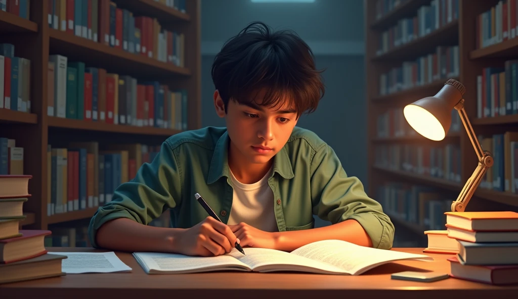 A 20-22 year old Indian boy studying in a library. The boy is wearing casual attire and surrounded by books and study materials. The library has shelves filled with books, and there is a study table with a desk lamp