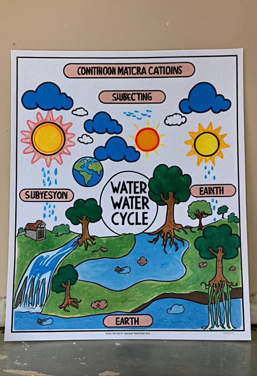 Water Cycle poster that highlights the main features of Earth's subsystems and their interactions.