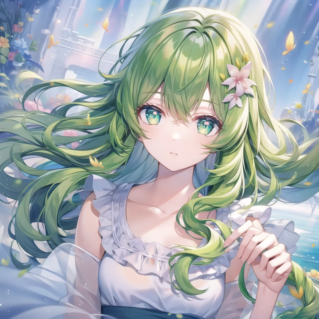 ((masterpiece, best quality))++, Detailed lighting+, Detailed hair+, Detail hand+ ,1 girl, Miss, Long hair, Crimson eyes, beautiful eyes, Young green hair,,(beautiful green hair:1.5),(Beautiful and delicate eyes), high resolution+,glass tint, Reflective eyes, {{angle}} , Very detailed wallpaper, The original, Air bangs,Extremely beautiful CG,Firefly,Nature,ocean